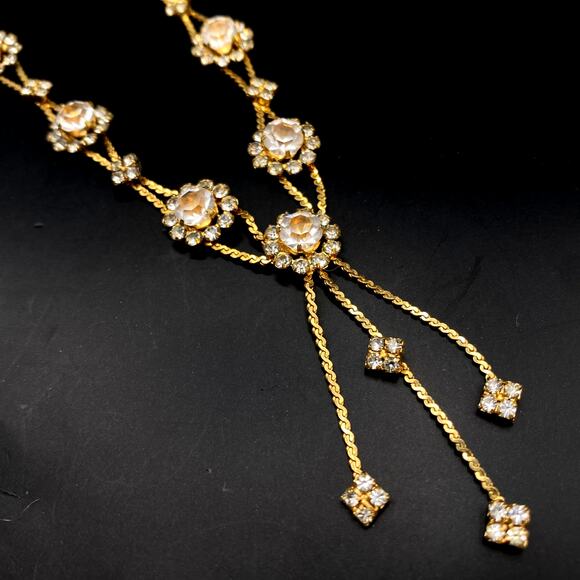 Vtg Unsigned GOLDETTE Crystal Tassel Necklace Double Row Floral Goldtone 16 1/2" - Picture 5 of 8